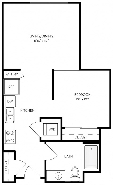 Floor plan for studio, 1 bath, 521 sqft