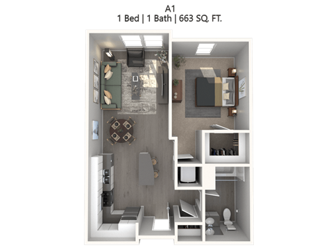Floor plan for 1 bed, 1 bath, 663 sqft