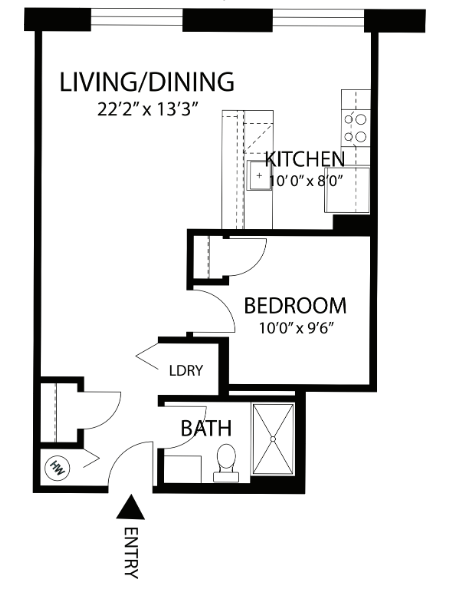 Floor plan for 1 bed, 1 bath, 1030 sqft