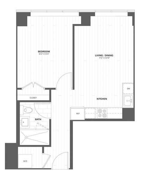 Floor plan for 1 bed, 1 bath, 559 sqft