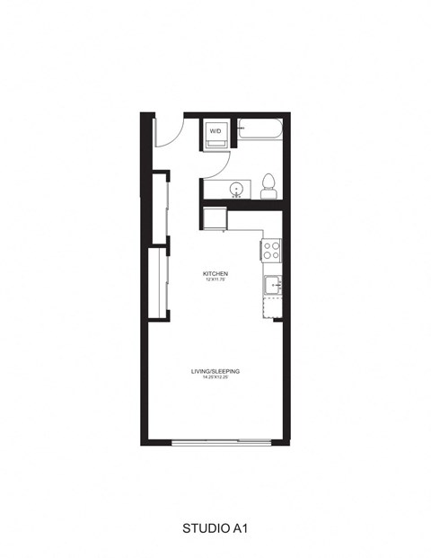 Floor plan for studio, 1 bath, 494 sqft