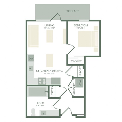 Floor plan for 1 bed, 1 bath, 604 sqft