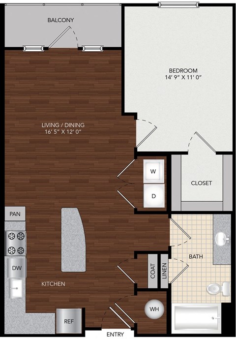 Floor plan for 1 bed, 1 bath, 751 sqft