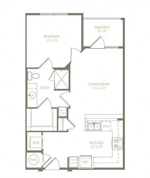 Floor plan for 1 bed, 1 bath, 632 sqft