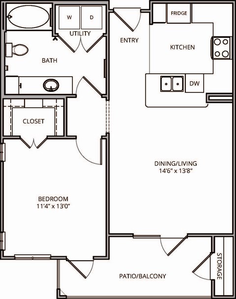 Floor plan for 1 bed, 1 bath, 700 sqft