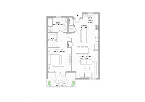 Floor plan for 1 bed, 1 bath, 911 sqft