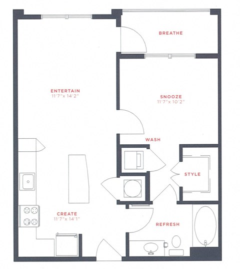 Floor plan for 1 bed, 1 bath, 622 sqft