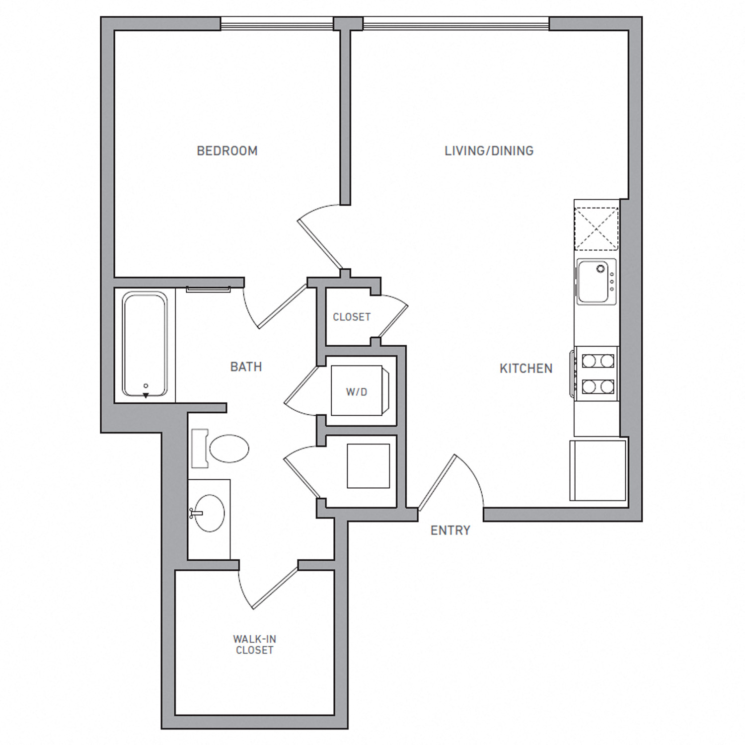 Floor plan for 1 bed, 1 bath, 601 sqft