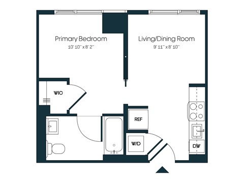 Floor plan for studio, 1 bath, 444 sqft