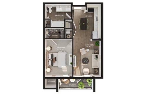Floor plan for 1 bed, 1 bath, 575 sqft
