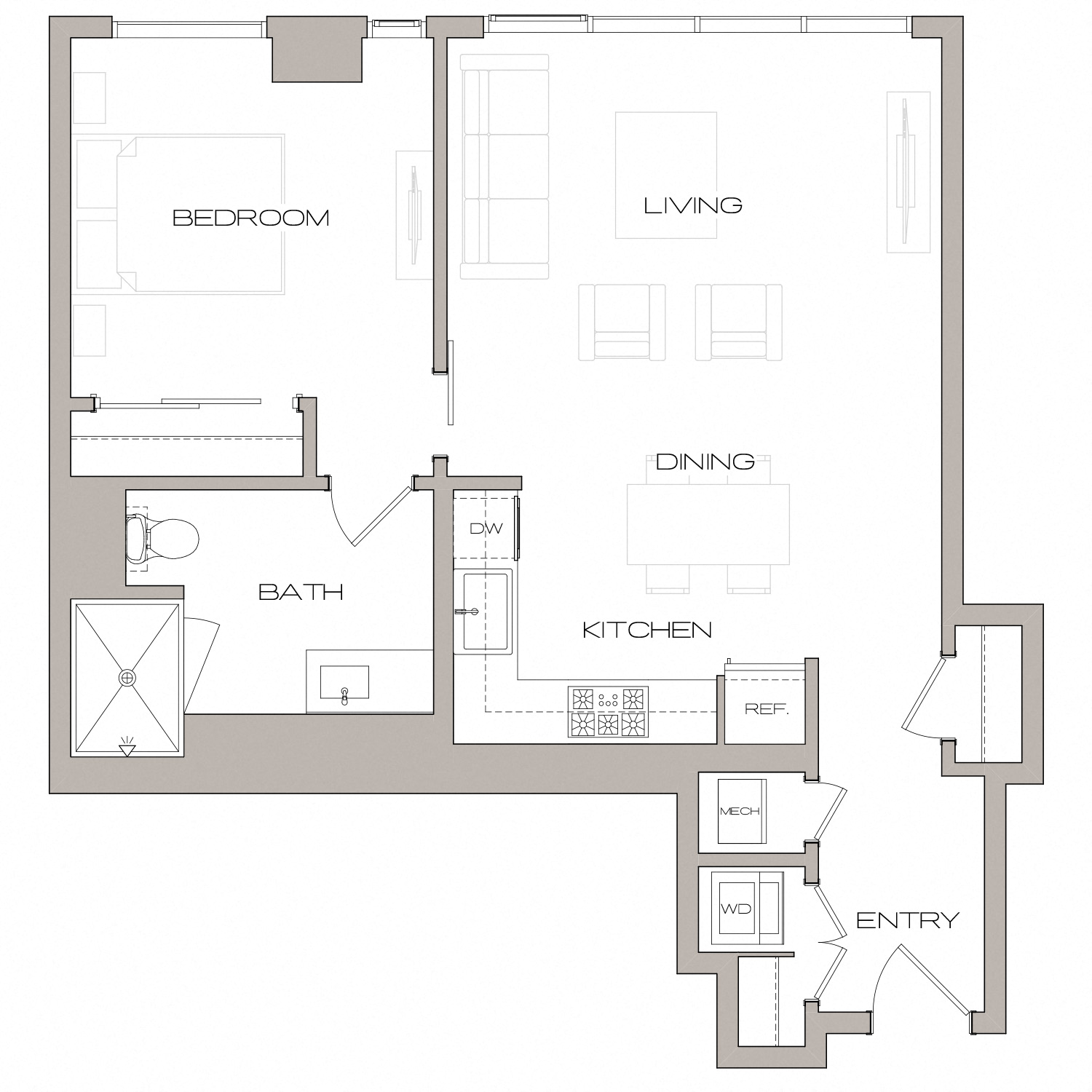 Floor plan for 1 bed, 1 bath, 743 sqft