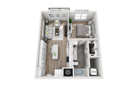 Floor plan for 1 bed, 1 bath, 735 sqft