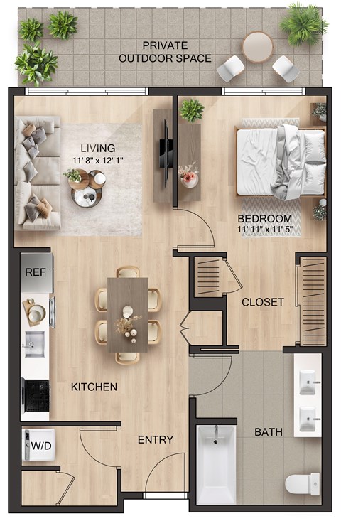 Floor plan for 1 bed, 1 bath, 710 sqft