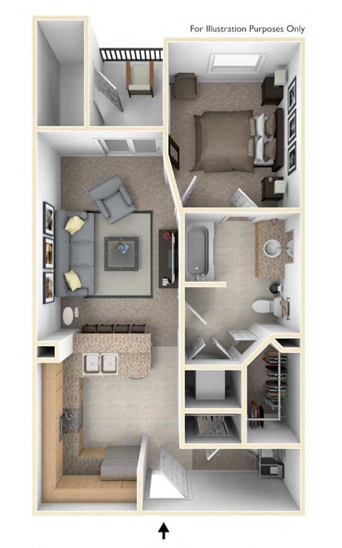 Floor plan for 1 bed, 1 bath, 604 sqft