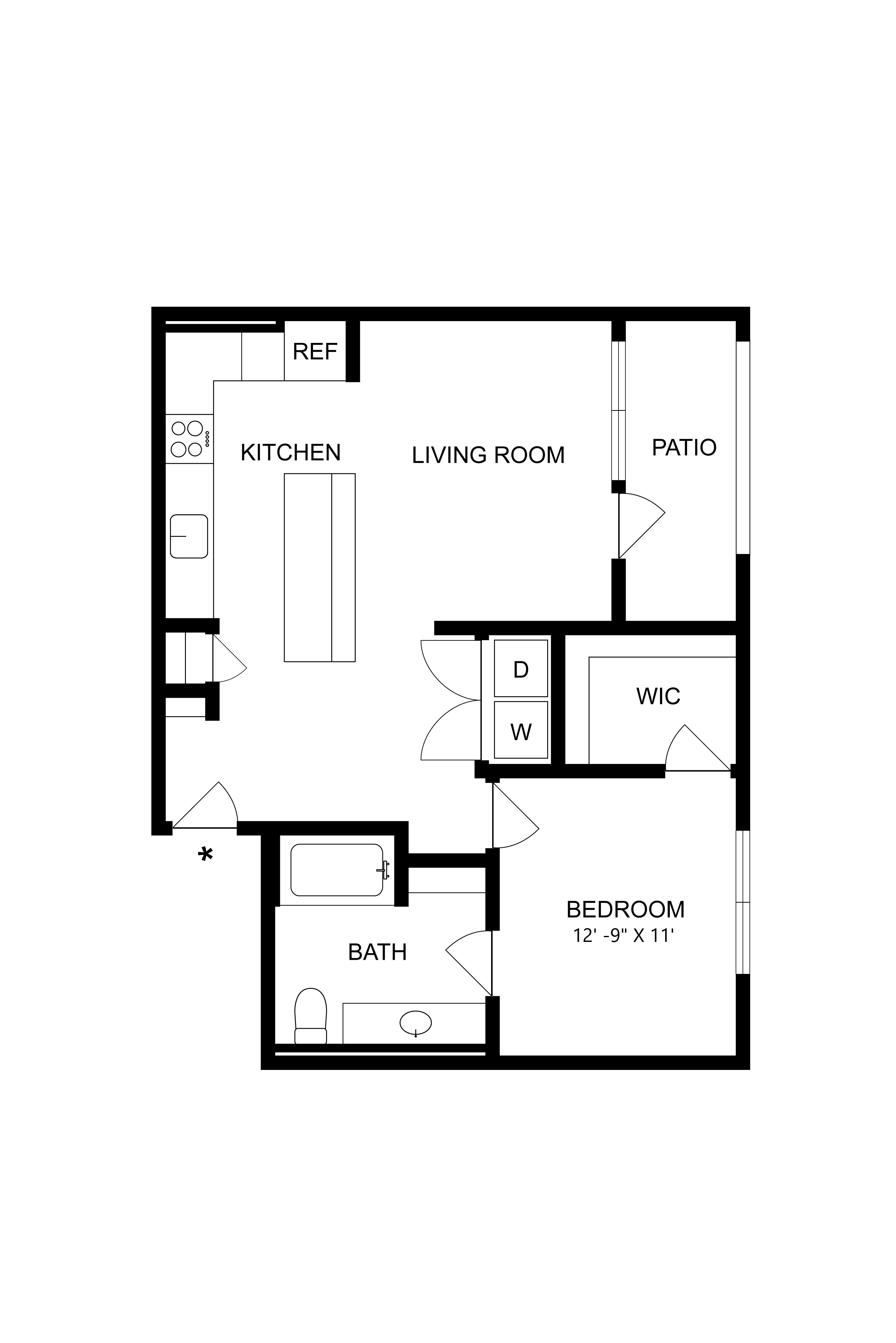 Floor plan for 1 bed, 1 bath, 734 sqft