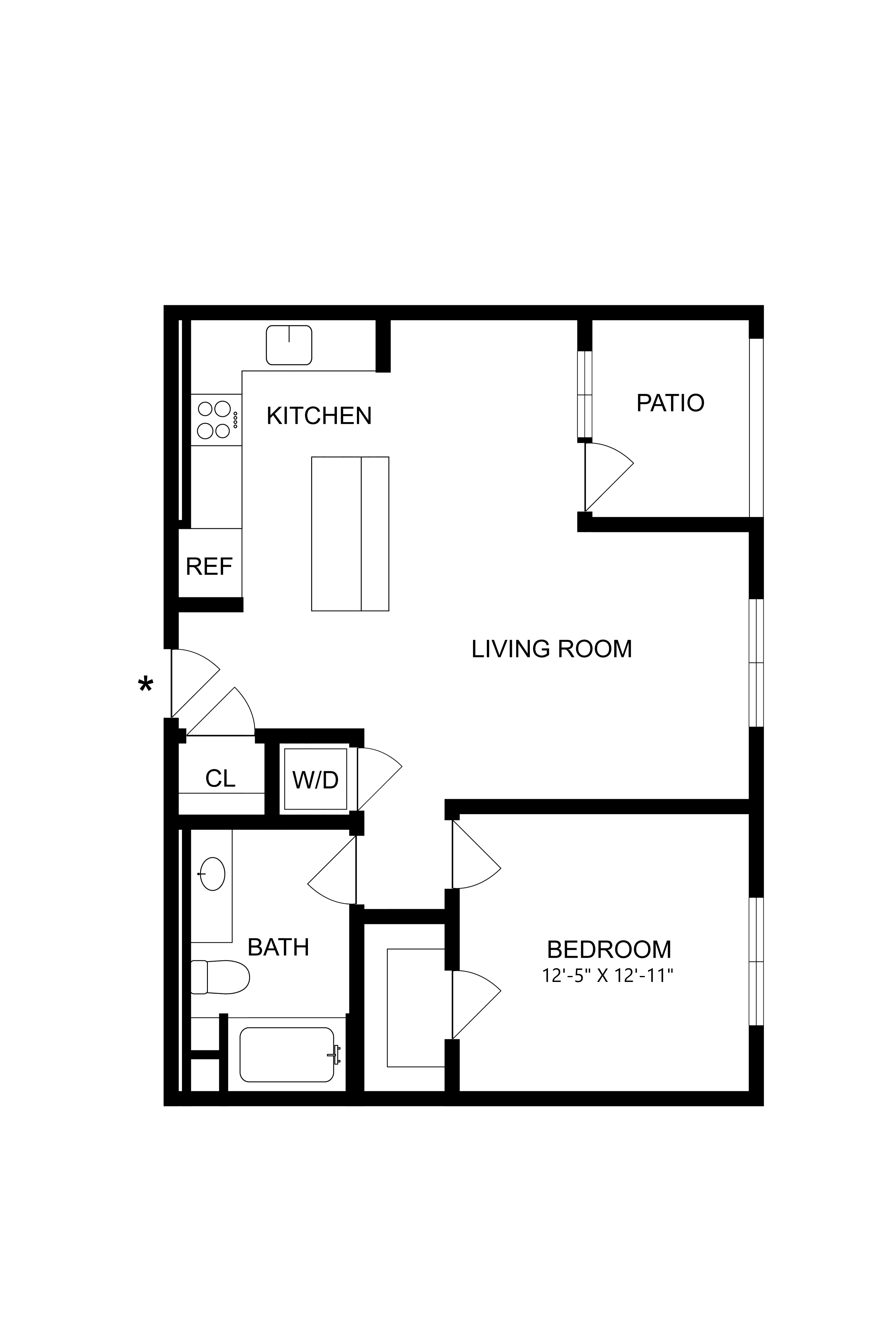 Floor plan for 1 bed, 1 bath, 759 sqft