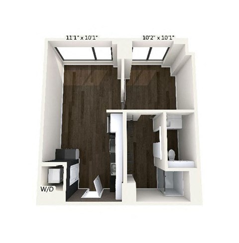Floor plan for 1 bed, 1 bath, 557 sqft