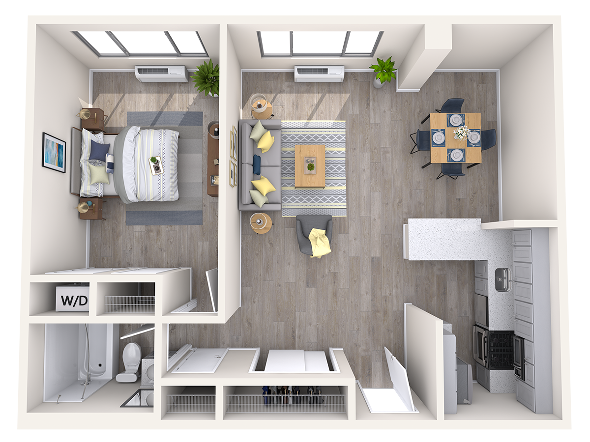 Floor plan for 1 bed, 1 bath, 703 sqft