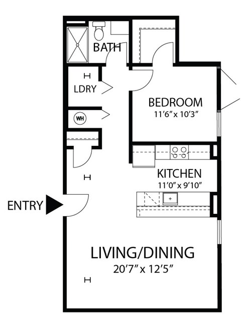Floor plan for 1 bed, 1 bath, 740 sqft
