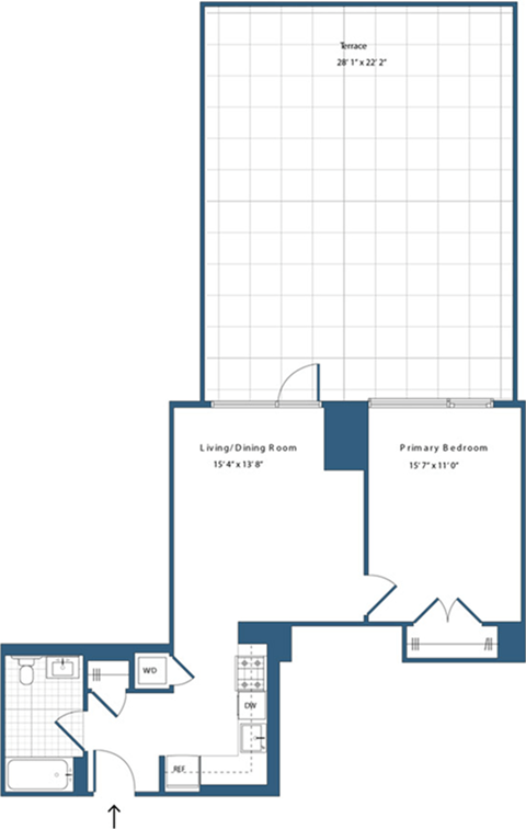 Floor plan for 1 bed, 1 bath, 664 sqft