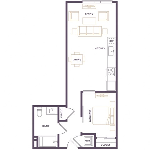 Floor plan for 1 bed, 1 bath, 613 sqft