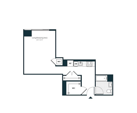 Floor plan for studio, 1 bath, 583 sqft