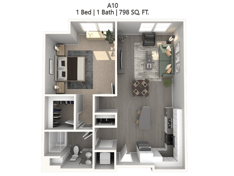 Floor plan for 1 bed, 1 bath, 802 sqft
