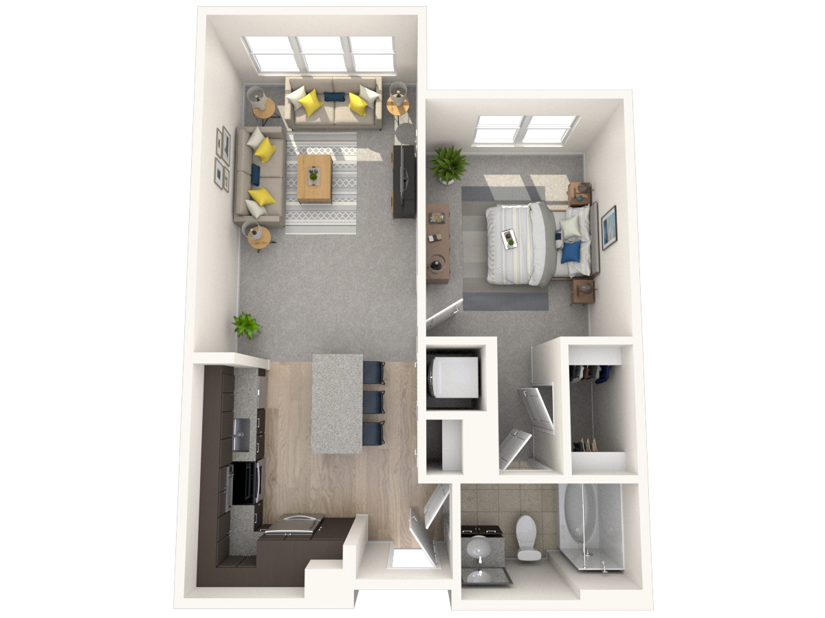 Floor plan for 1 bed, 1 bath, 712 sqft