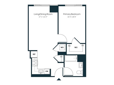 Floor plan for 1 bed, 1 bath, 592 sqft