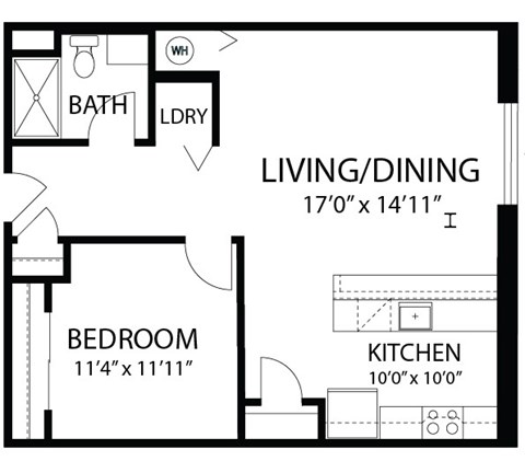 Floor plan for 1 bed, 1 bath, 740 sqft
