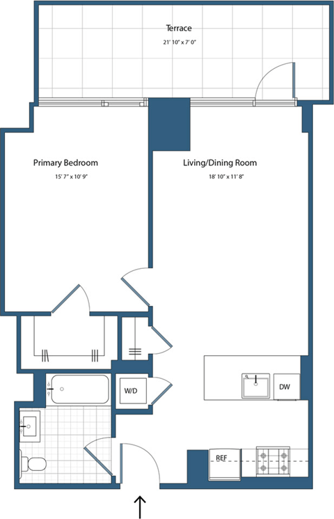 Floor plan for 1 bed, 1 bath, 667 sqft