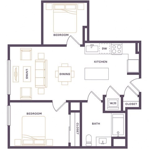 Floor plan for 1 bed, 1 bath, 683 sqft