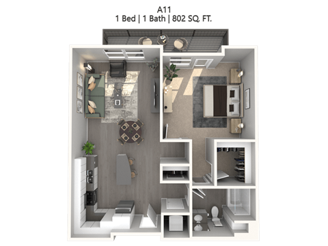 Floor plan for 1 bed, 1 bath, 811 sqft