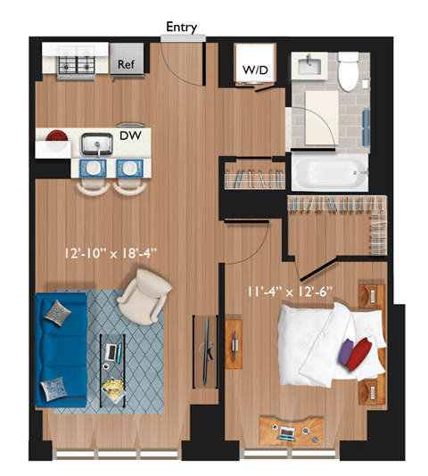 Floor plan for 1 bed, 1 bath, 732 sqft