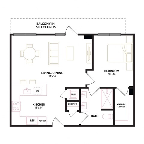Floor plan for 1 bed, 1 bath, 774 sqft