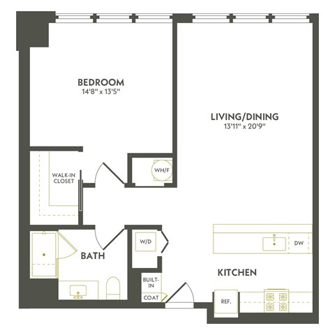 Floor plan for 1 bed, 1 bath, 930 sqft