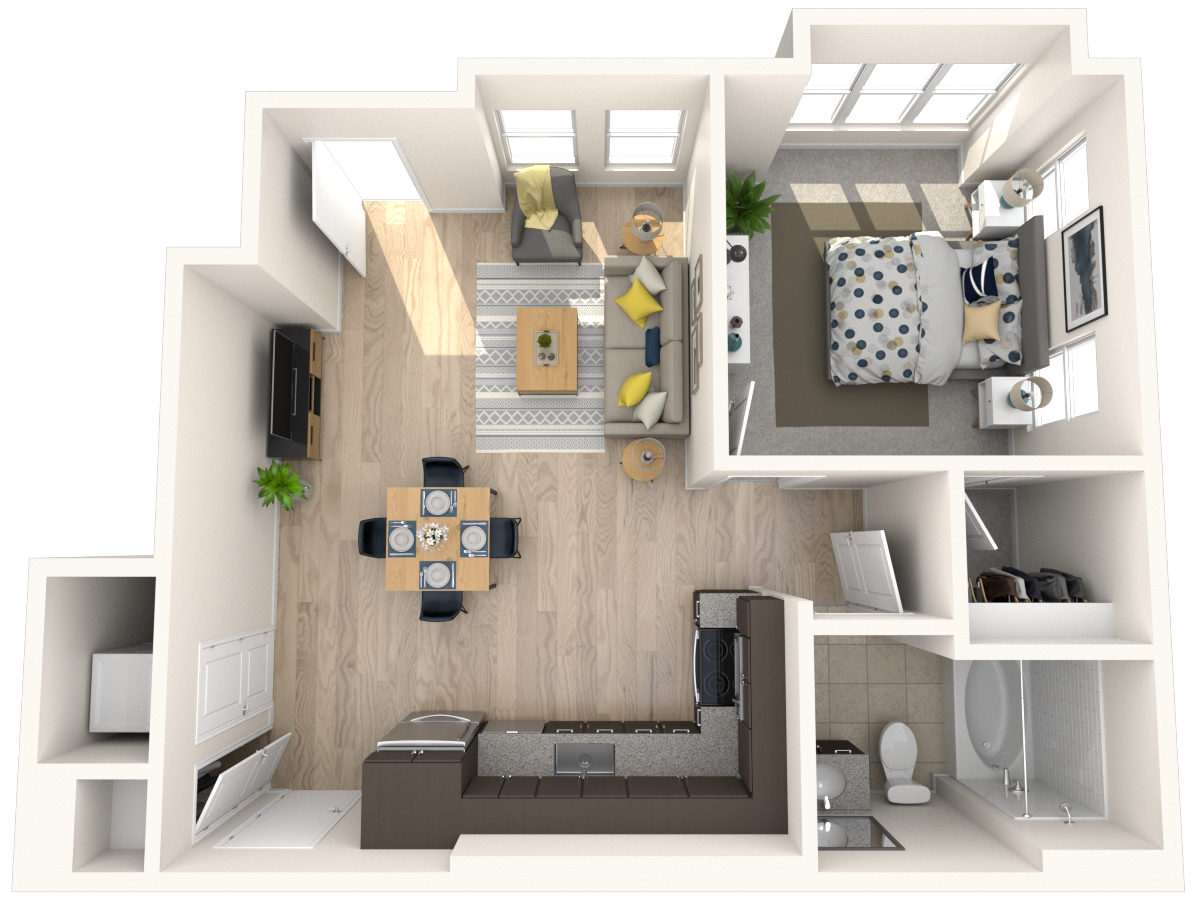 Floor plan for 1 bed, 1 bath, 716 sqft