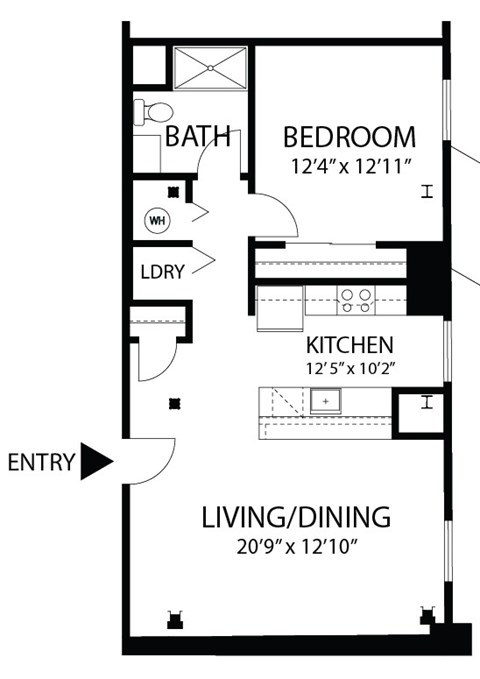 Floor plan for 1 bed, 1 bath, 740 sqft