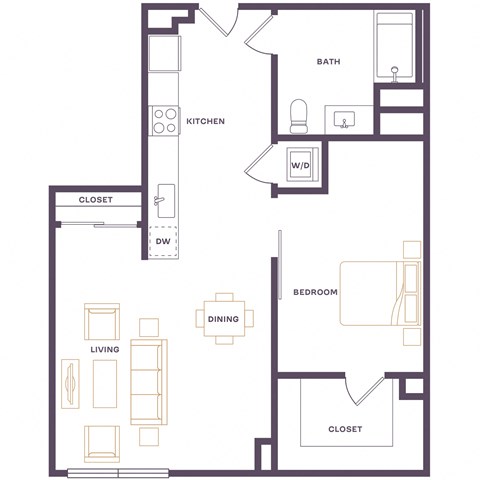 Floor plan for 1 bed, 1 bath, 626 sqft