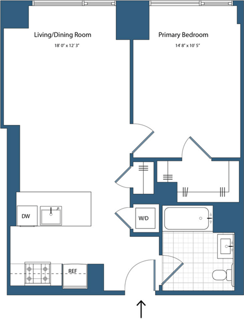 Floor plan for 1 bed, 1 bath, 647 sqft