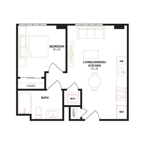 Floor plan for 1 bed, 1 bath, 506 sqft