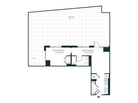 Floor plan for 1 bed, 1 bath, 598 sqft
