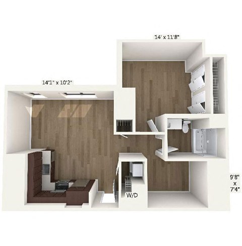 Floor plan for 1 bed, 1 bath, 823 sqft