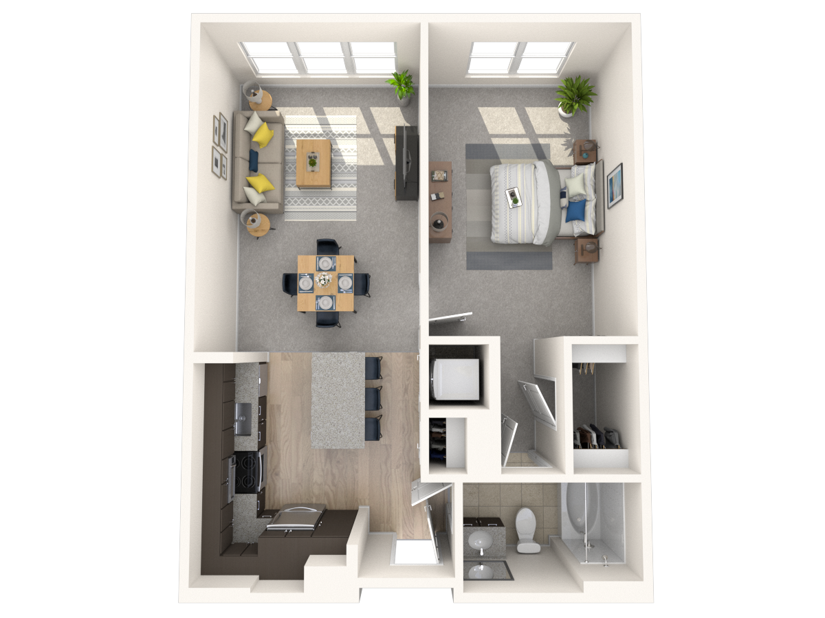 Floor plan for 1 bed, 1 bath, 770 sqft