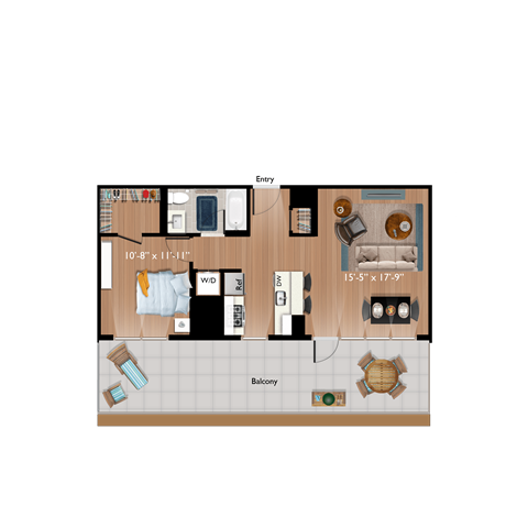 Floor plan for 1 bed, 1 bath, 774 sqft