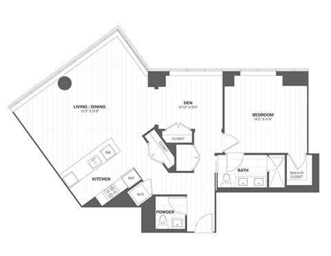 Floor plan for 1 bed, 2 baths, 1156 sqft