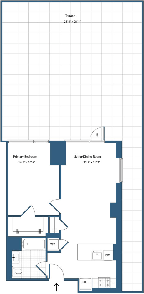 Floor plan for 1 bed, 1 bath, 694 sqft