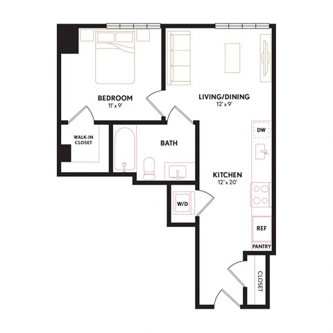 Floor plan for 1 bed, 1 bath, 550 sqft