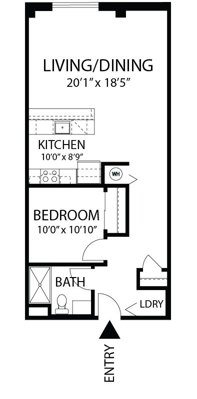 Floor plan for 1 bed, 1 bath, 750 sqft