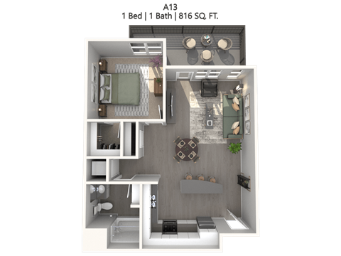 Floor plan for 1 bed, 1 bath, 828 sqft